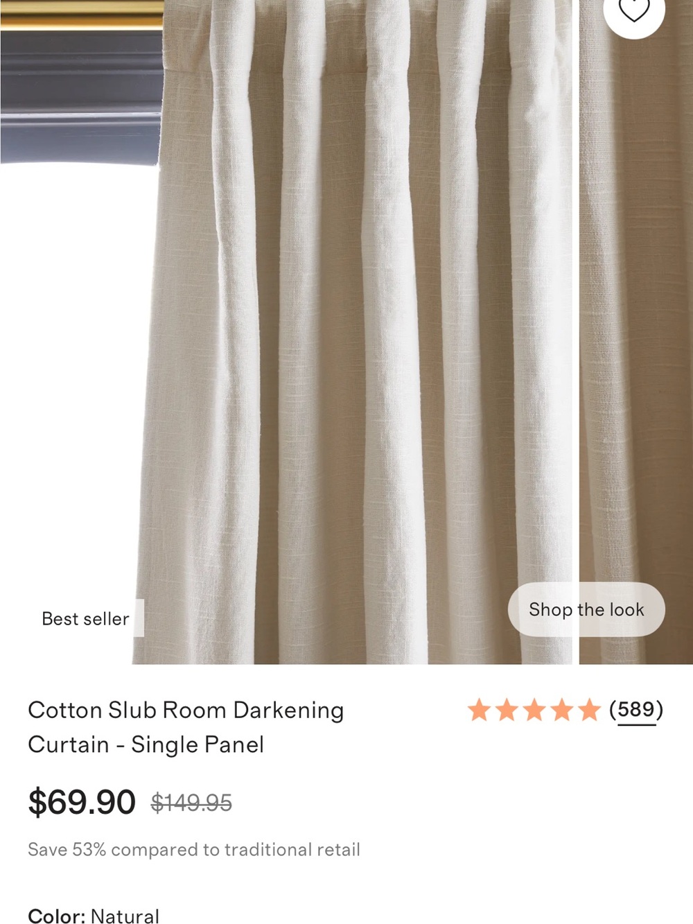Natural Cotton Slub Room Darkening Curtain Panel (1 panel)